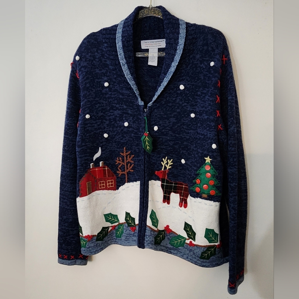 Christmas Cardigan Sweater Embroidered Applique Plaid Cottagecore Twee Medium